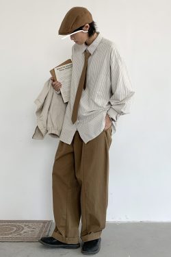 Japanese Retro Striped Long Sleeve Shirt for Men and Women, Loose Casual College Style Jacket, Light-Colored Spring Autumn Fashion