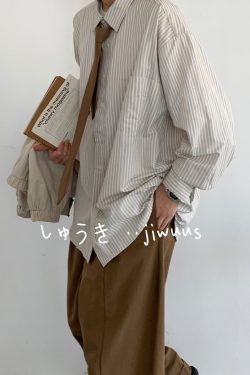 Japanese Retro Striped Long Sleeve Shirt for Men and Women, Loose Casual College Style Jacket, Light-Colored Spring Autumn Fashion