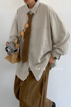 Japanese Retro Striped Long Sleeve Shirt for Men and Women, Loose Casual College Style Jacket, Light-Colored Spring Autumn Fashion