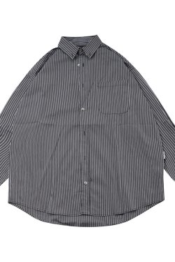 Japanese Retro Striped Long Sleeve Shirt Unisex Oversized Trendy 90s Inspired Casual Wear