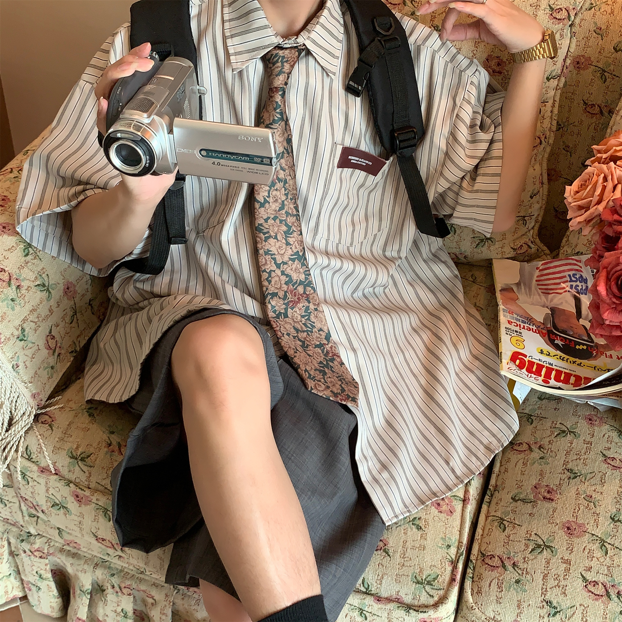 Japanese Retro Vertical Striped Loose Short Sleeve Shirt - 2024 Summer Trendy Minimalist Style for Casual Wear Japanese Retro Vertical Striped Loose Short Sleeve Shirt - 2024 Summer Trendy Minimalist Style for Casual Wear