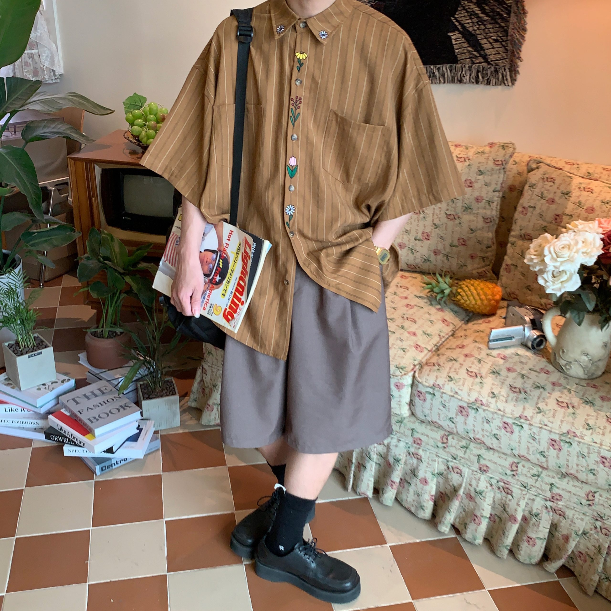 Japanese Retro Vertical Striped Short Sleeve Shirt, Handmade Vintage Embroidered Summer Couple Top, Y2K Niche Design Japanese Retro Vertical Striped Short Sleeve Shirt, Handmade Vintage Embroidered Summer Couple Top, Y2K Niche Design