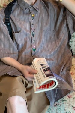 Japanese Retro Vertical Striped Short Sleeve Shirt, Handmade Vintage Embroidered Summer Couple Top, Y2K Niche Design