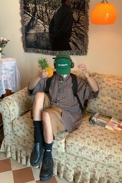 Japanese Retro Vertical Striped Short Sleeve Shirt, Handmade Vintage Embroidered Summer Couple Top, Y2K Niche Design