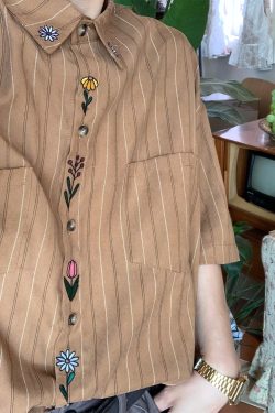 Japanese Retro Vertical Striped Short Sleeve Shirt, Handmade Vintage Embroidered Summer Couple Top, Y2K Niche Design
