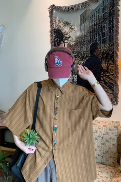 Japanese Retro Vertical Striped Short Sleeve Shirt, Handmade Vintage Embroidered Summer Couple Top, Y2K Niche Design
