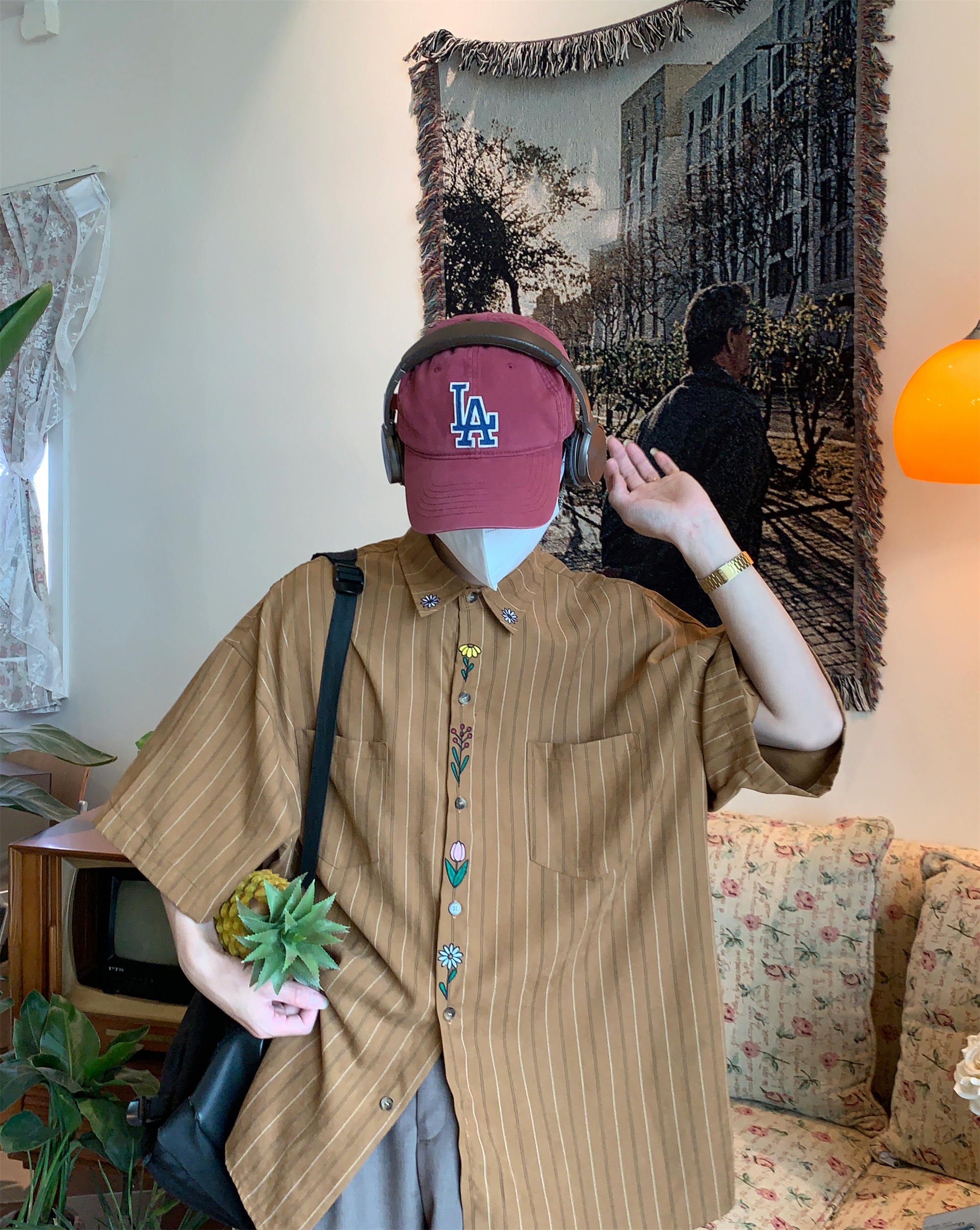 Japanese Retro Vertical Striped Short Sleeve Shirt, Handmade Vintage Embroidered Summer Couple Top, Y2K Niche Design Japanese Retro Vertical Striped Short Sleeve Shirt, Handmade Vintage Embroidered Summer Couple Top, Y2K Niche Design