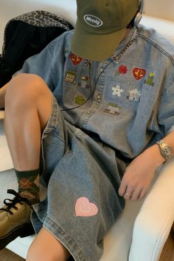 Japanese Retro Vintage Washed Denim Shirt - Short Sleeve Summer Couple Top - 90s Inspired Fashion