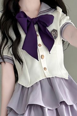 Japanese Sailor Suit Women's Summer Outfit - Pudding Bear Inspired JK Uniform with Waist-Defined Short Sleeve & Purple Cake Skirt