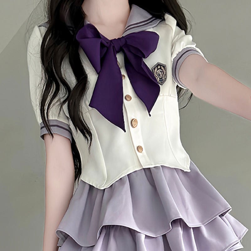 Japanese Sailor Suit Women's Summer Outfit - Pudding Bear Inspired JK Uniform with Waist-Defined Short Sleeve & Purple Cake Skirt Japanese Sailor Suit Women's Summer Outfit - Pudding Bear Inspired JK Uniform with Waist-Defined Short Sleeve & Purple Cake Skirt