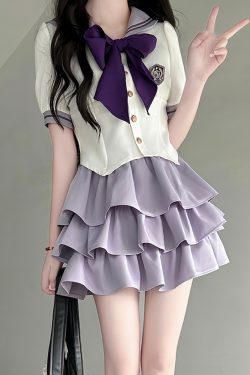 Japanese Sailor Suit Women's Summer Outfit - Pudding Bear Inspired JK Uniform with Waist-Defined Short Sleeve & Purple Cake Skirt
