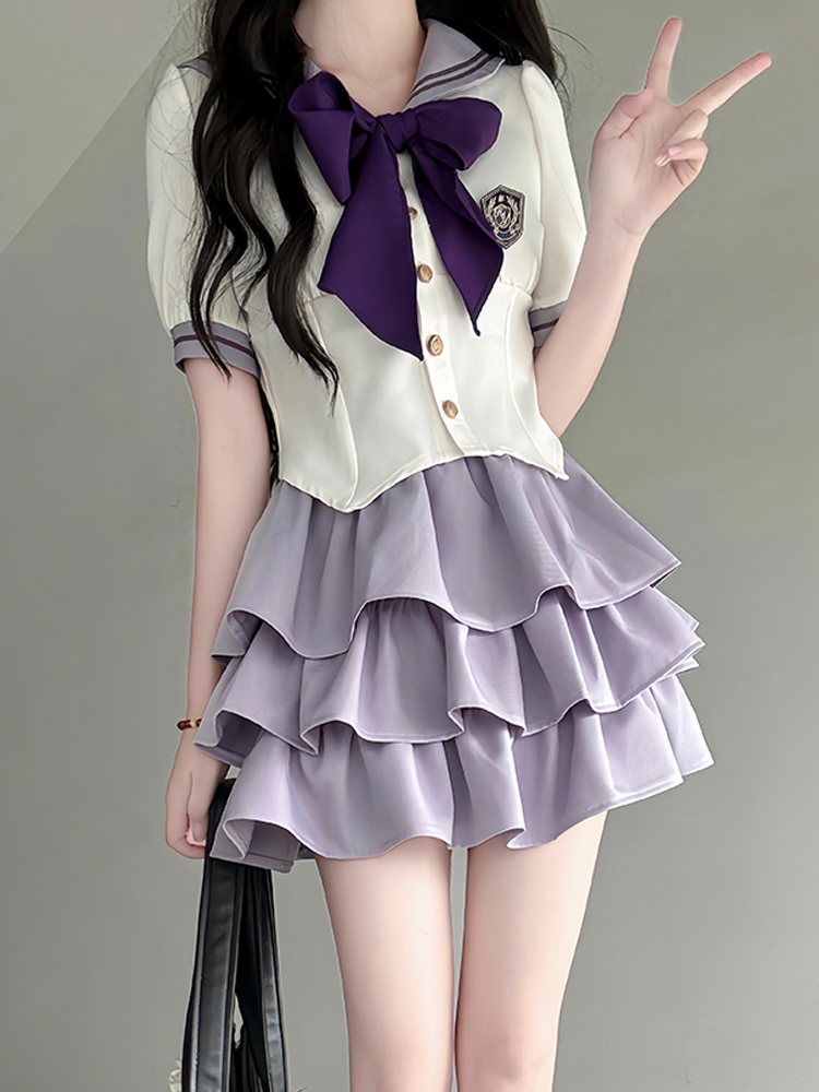 Japanese Sailor Suit Women's Summer Outfit - Pudding Bear Inspired JK Uniform with Waist-Defined Short Sleeve & Purple Cake Skirt Japanese Sailor Suit Women's Summer Outfit - Pudding Bear Inspired JK Uniform with Waist-Defined Short Sleeve & Purple Cake Skirt