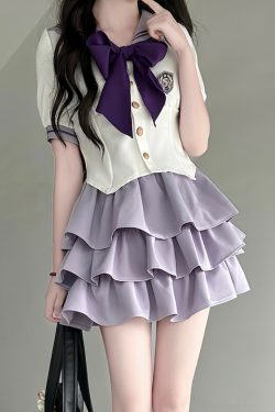 Japanese Sailor Suit Women's Summer Outfit - Pudding Bear Inspired JK Uniform with Waist-Defined Short Sleeve & Purple Cake Skirt