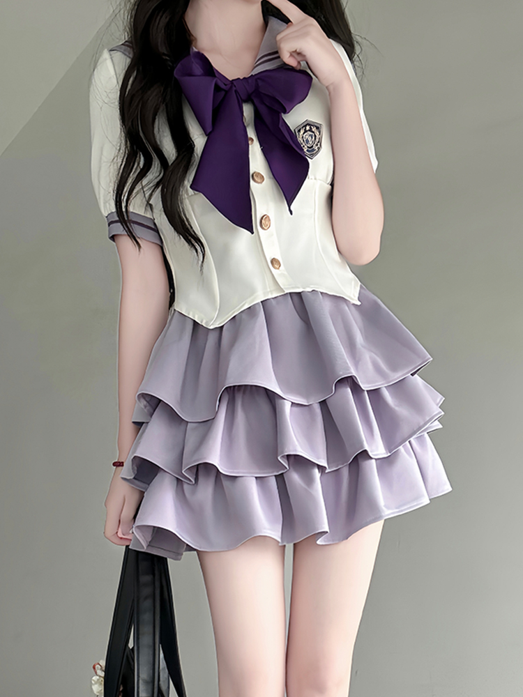 Japanese Sailor Suit Women's Summer Outfit - Pudding Bear Inspired JK Uniform with Waist-Defined Short Sleeve & Purple Cake Skirt Japanese Sailor Suit Women's Summer Outfit - Pudding Bear Inspired JK Uniform with Waist-Defined Short Sleeve & Purple Cake Skirt