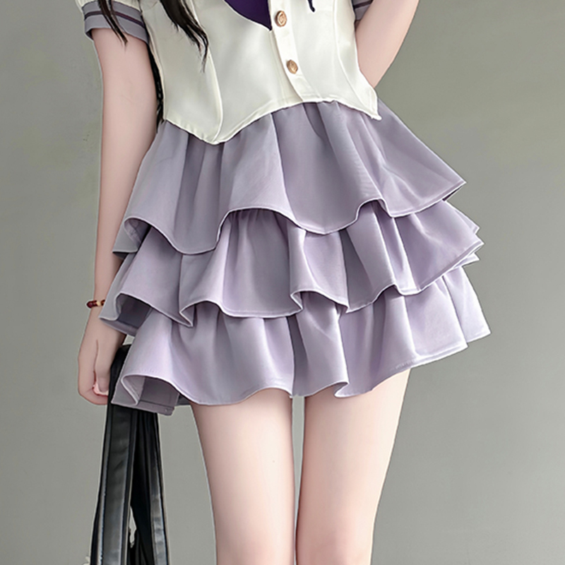Japanese Sailor Suit Women's Summer Outfit - Pudding Bear Inspired JK Uniform with Waist-Defined Short Sleeve & Purple Cake Skirt Japanese Sailor Suit Women's Summer Outfit - Pudding Bear Inspired JK Uniform with Waist-Defined Short Sleeve & Purple Cake Skirt