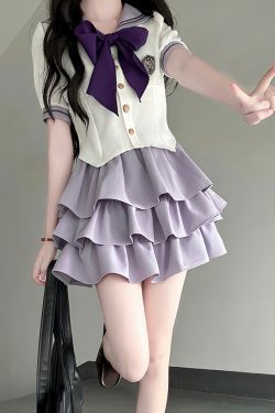 Japanese Sailor Suit Women's Summer Outfit - Pudding Bear Inspired JK Uniform with Waist-Defined Short Sleeve & Purple Cake Skirt