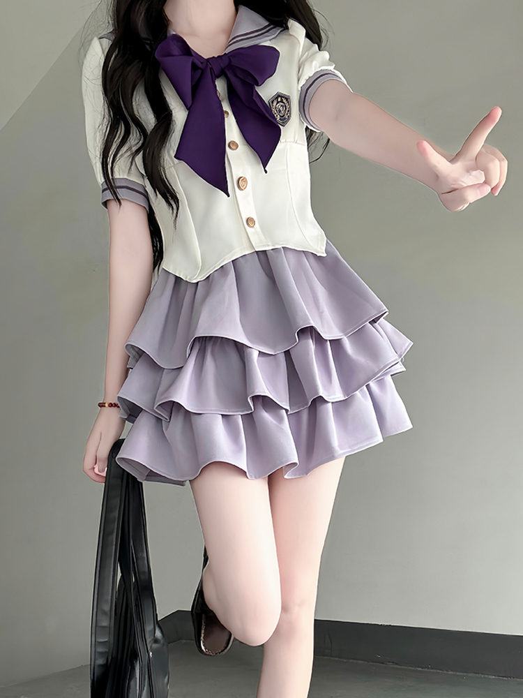 Japanese Sailor Suit Women's Summer Outfit - Pudding Bear Inspired JK Uniform with Waist-Defined Short Sleeve & Purple Cake Skirt Japanese Sailor Suit Women's Summer Outfit - Pudding Bear Inspired JK Uniform with Waist-Defined Short Sleeve & Purple Cake Skirt
