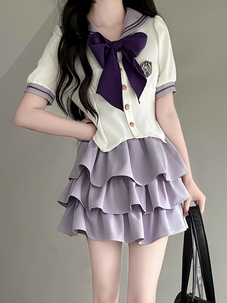 Japanese Sailor Suit Women's Summer Outfit - Pudding Bear Inspired JK Uniform with Waist-Defined Short Sleeve & Purple Cake Skirt Japanese Sailor Suit Women's Summer Outfit - Pudding Bear Inspired JK Uniform with Waist-Defined Short Sleeve & Purple Cake Skirt