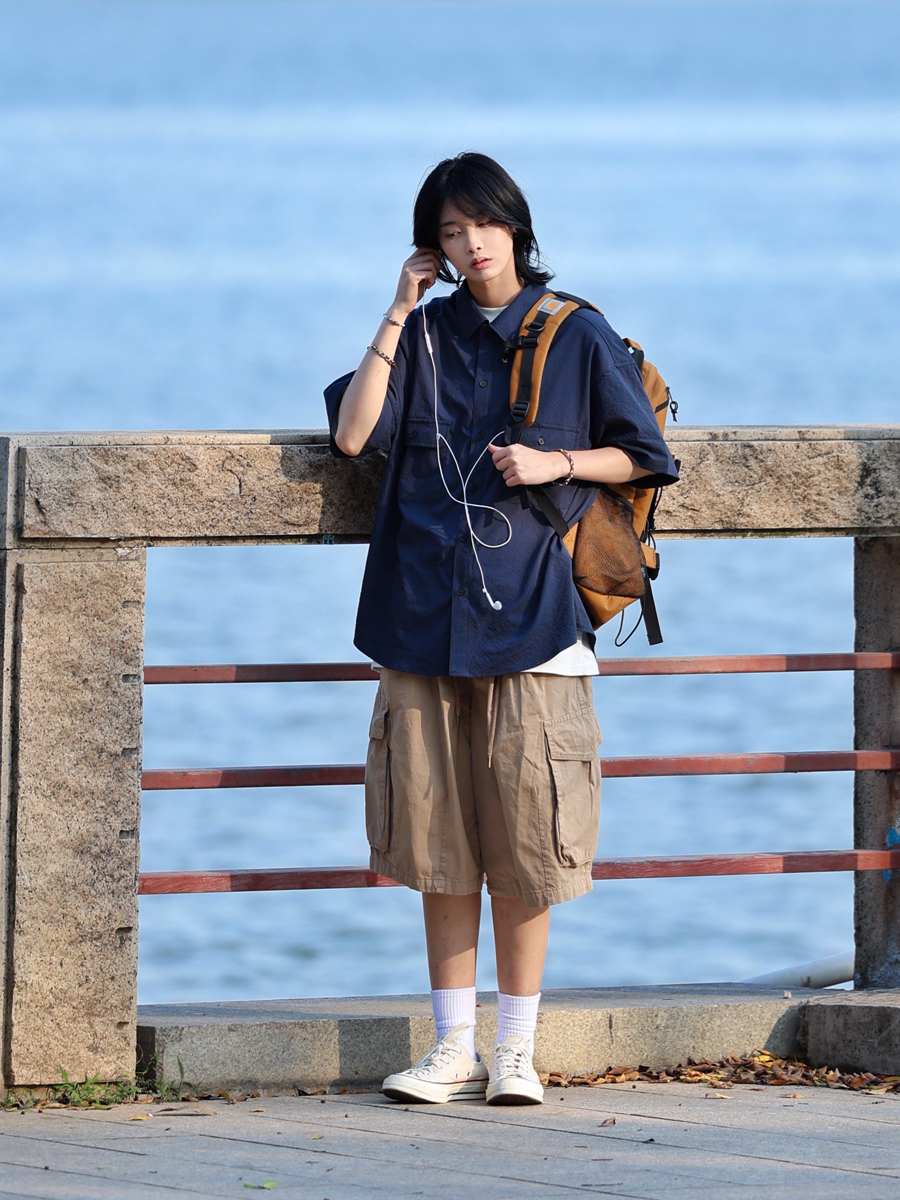 Japanese-Style Checkered Drop Shoulder Short-Sleeve Shirt with Double Pockets - Unisex Youth Jacket for 90s and Y2K Fashion Japanese-Style Checkered Drop Shoulder Short-Sleeve Shirt with Double Pockets - Unisex Youth Jacket for 90s and Y2K Fashion