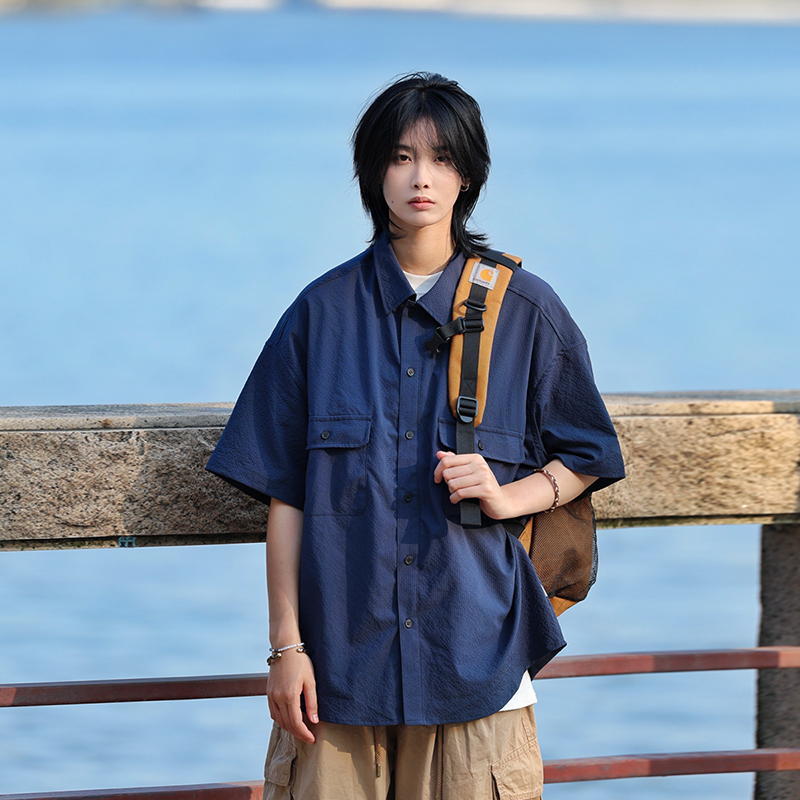 Japanese-Style Checkered Drop Shoulder Short-Sleeve Shirt with Double Pockets - Unisex Youth Jacket for 90s and Y2K Fashion Japanese-Style Checkered Drop Shoulder Short-Sleeve Shirt with Double Pockets - Unisex Youth Jacket for 90s and Y2K Fashion