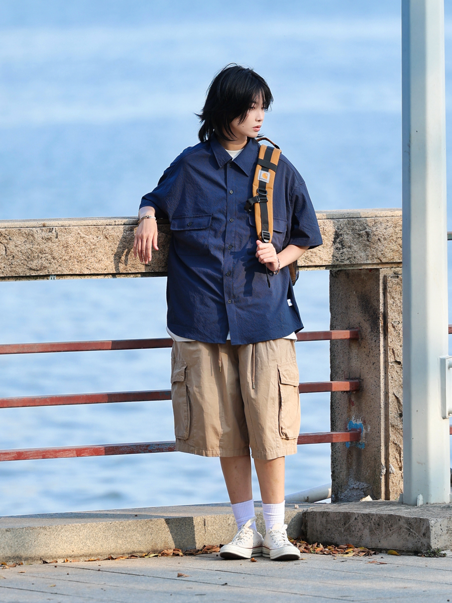 Japanese-Style Checkered Drop Shoulder Short-Sleeve Shirt with Double Pockets - Unisex Youth Jacket for 90s and Y2K Fashion Japanese-Style Checkered Drop Shoulder Short-Sleeve Shirt with Double Pockets - Unisex Youth Jacket for 90s and Y2K Fashion