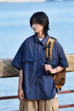 Japanese-Style Checkered Drop Shoulder Short-Sleeve Shirt with Double Pockets - Unisex Youth Jacket for 90s and Y2K Fashion