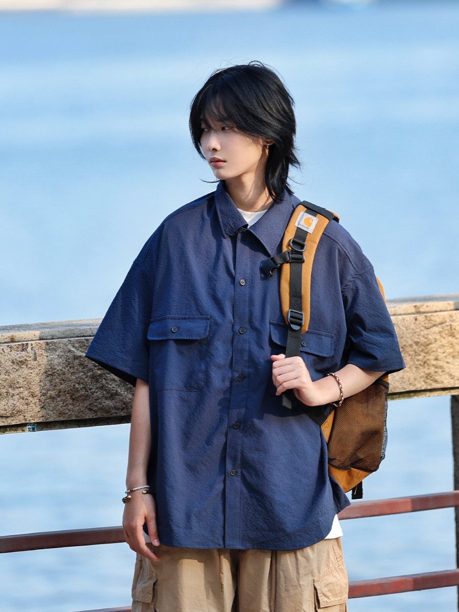 Japanese-Style Checkered Drop Shoulder Short-Sleeve Shirt with Double Pockets - Unisex Youth Jacket for 90s and Y2K Fashion Japanese-Style Checkered Drop Shoulder Short-Sleeve Shirt with Double Pockets - Unisex Youth Jacket for 90s and Y2K Fashion