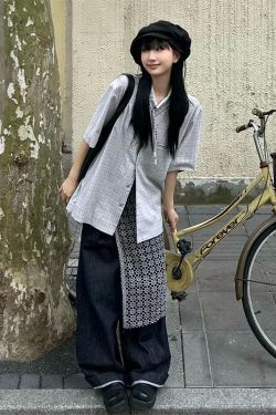 Japanese Style Cuban Collar Short Sleeve Shirt for Women, Summer Plaid Loose Casual Top with Drawstring, College Vibe