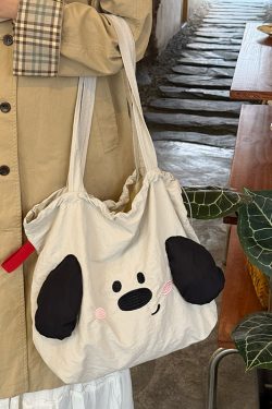 Japanese-Style Cute Big-Eared Dog Shoulder Bag for Women - Large-Capacity Canvas Tote for Students and Commuters