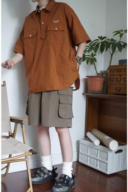 Japanese-Style Embroidered Workwear Polo Shirt for Men & Women | Summer Loose Fit Retro Half-Sleeve Trendy Top