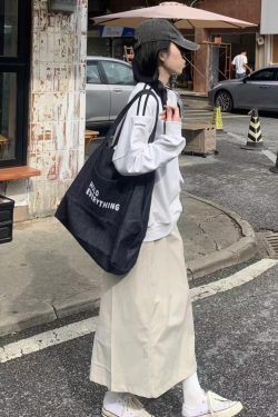 Japanese-Style Large Capacity Denim Canvas Tote Bag - Retro Minimalist Letter Design for Shopping & Commuting