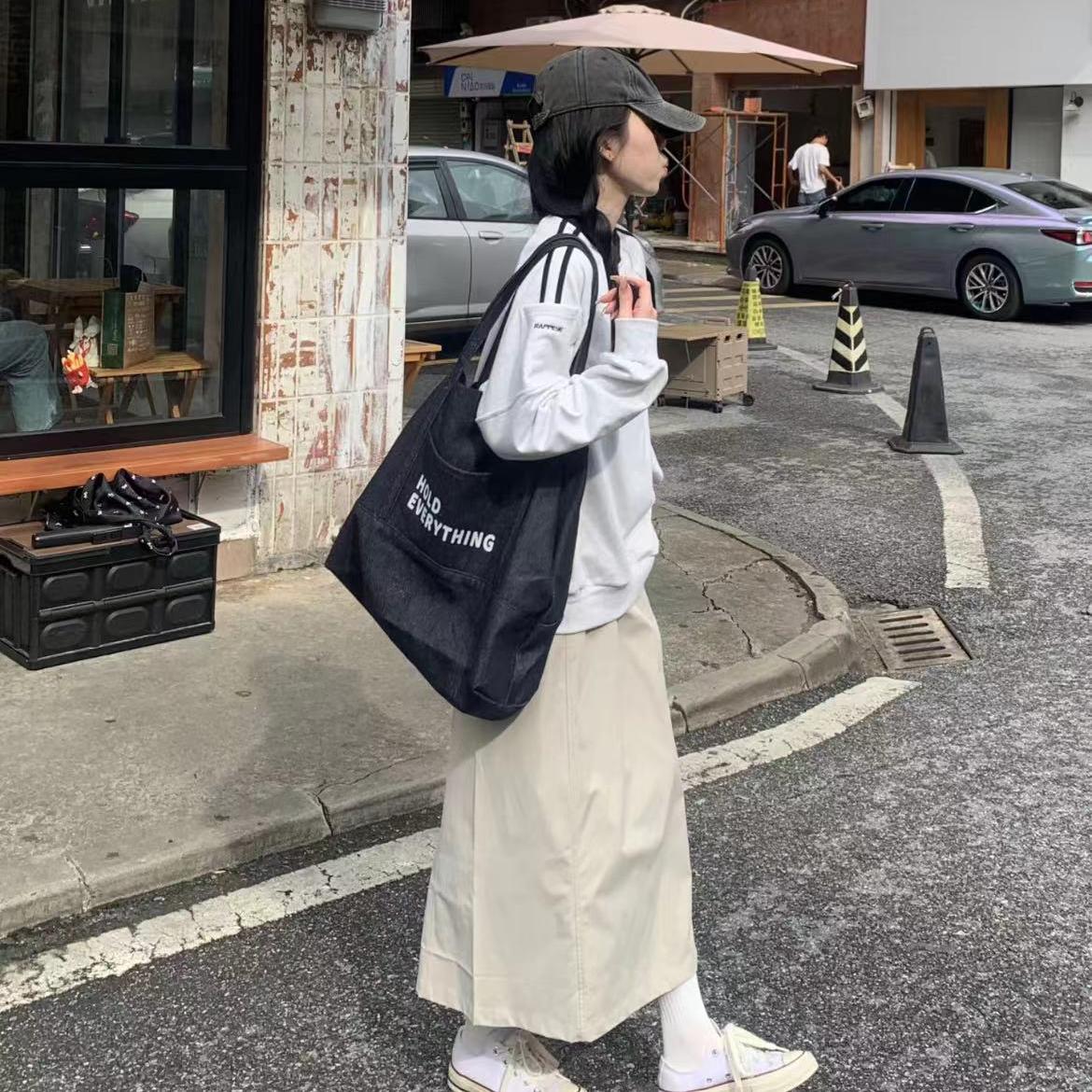 Japanese-Style Large Capacity Denim Canvas Tote Bag - Retro Minimalist Letter Design for Shopping & Commuting Japanese-Style Large Capacity Denim Canvas Tote Bag - Retro Minimalist Letter Design for Shopping & Commuting