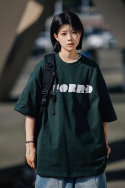 Japanese Style Letter Print Dark Green Short Sleeve T-Shirt for Men - Heavyweight 90s American Trendy Spring/Summer Fashion