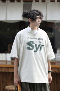 Japanese-Style Letter Print Heavyweight Round Neck Short Sleeve T-Shirt for Men - Loose Versatile Summer Tee