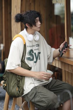 Japanese-Style Letter Print Heavyweight Round Neck Short Sleeve T-Shirt for Men - Loose Versatile Summer Tee