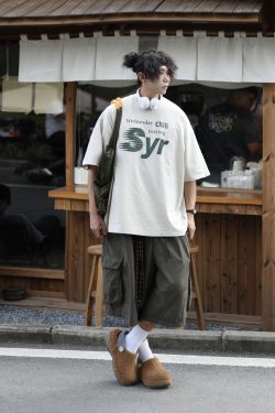 Japanese-Style Letter Print Heavyweight Round Neck Short Sleeve T-Shirt for Men - Loose Versatile Summer Tee