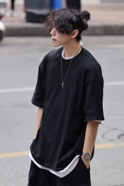 Japanese-Style Minimalist Heavyweight 250g Solid Color Short-Sleeve Men's T-Shirt - Loose Fit, Versatile Pure Cotton, Casual Wear