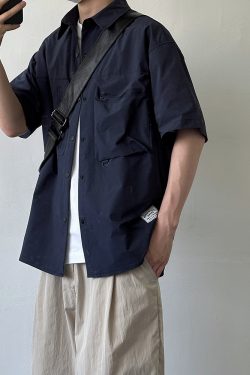 Japanese-Style Multi-Pocket Short Sleeve Shirt for Men and Women - Retro Loose Fit Casual Summer Workwear