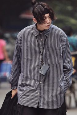 Japanese-Style Oversized Mid-Length Long Sleeve Shirt Jacket for Men - Casual 90s Inspired Fashion
