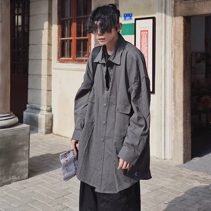 Japanese-Style Oversized Mid-Length Long Sleeve Shirt Jacket for Men - Casual 90s Inspired Fashion Japanese-Style Oversized Mid-Length Long Sleeve Shirt Jacket for Men - Casual 90s Inspired Fashion