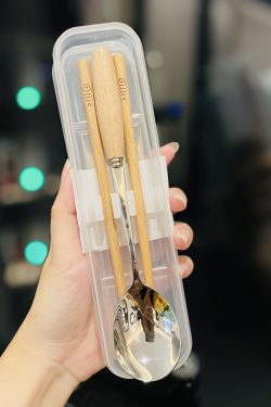 Japanese-Style Portable Wooden Chopsticks and 304 Stainless Steel Spoon Set - Cute Tableware for Cafeteria and Outdoor Dining