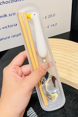 Japanese-Style Portable Wooden Chopsticks and 304 Stainless Steel Spoon Set - Cute Tableware for Cafeteria and Outdoor Dining