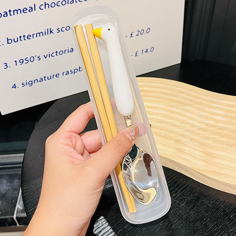 Japanese-Style Portable Wooden Chopsticks and 304 Stainless Steel Spoon Set - Cute Tableware for Cafeteria and Outdoor Dining Japanese-Style Portable Wooden Chopsticks and 304 Stainless Steel Spoon Set - Cute Tableware for Cafeteria and Outdoor Dining