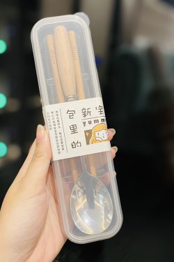Japanese-Style Portable Wooden Chopsticks and 304 Stainless Steel Spoon Set - Cute Tableware for Cafeteria and Outdoor Dining