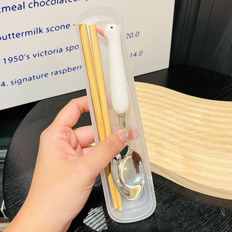 Japanese-Style Portable Wooden Chopsticks and 304 Stainless Steel Spoon Set - Cute Tableware for Cafeteria and Outdoor Dining Japanese-Style Portable Wooden Chopsticks and 304 Stainless Steel Spoon Set - Cute Tableware for Cafeteria and Outdoor Dining