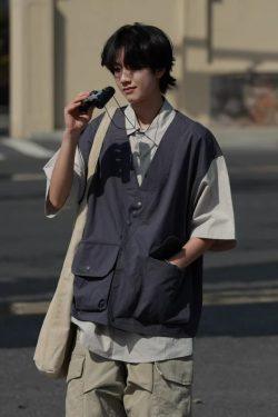 Japanese-Style Retro Patchwork Fake Two-Piece Color-Block Short Sleeve Shirt for Men and Women, Summer Casual Trend