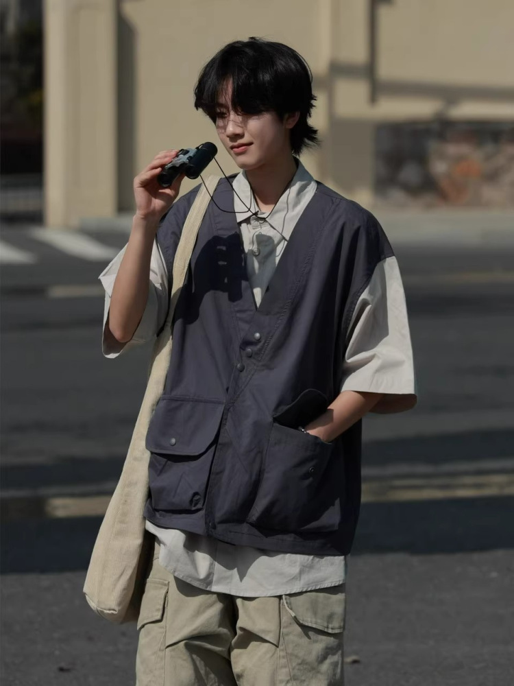 Japanese-Style Retro Patchwork Fake Two-Piece Color-Block Short Sleeve Shirt for Men and Women, Summer Casual Trend Japanese-Style Retro Patchwork Fake Two-Piece Color-Block Short Sleeve Shirt for Men and Women, Summer Casual Trend