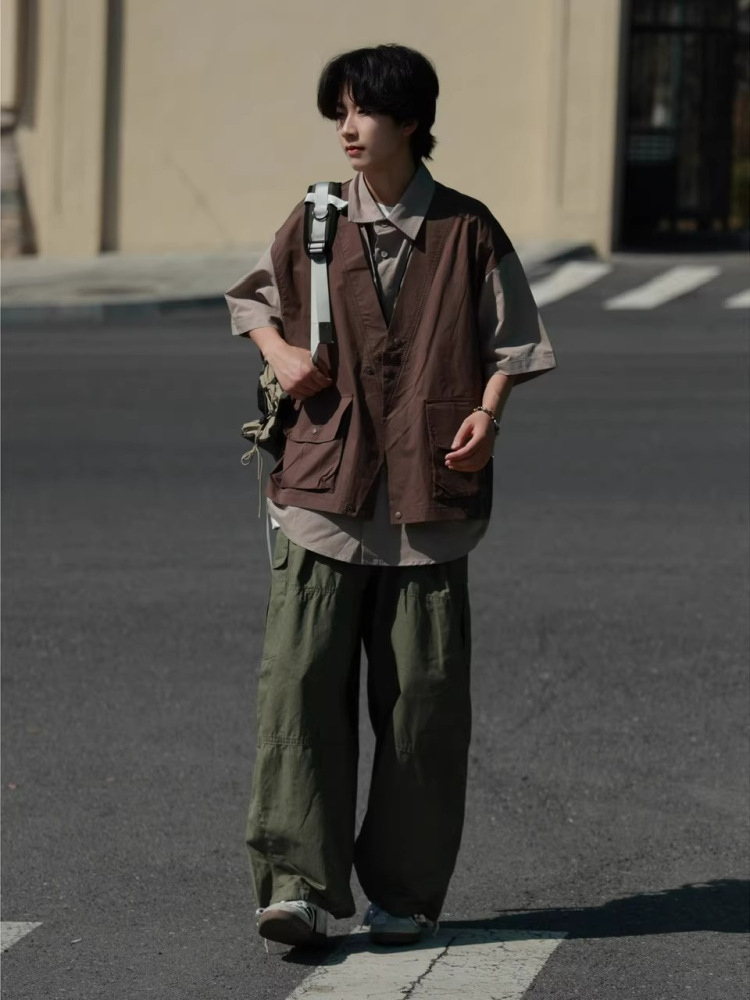 Japanese-Style Retro Patchwork Fake Two-Piece Color-Block Short Sleeve Shirt for Men and Women, Summer Casual Trend Japanese-Style Retro Patchwork Fake Two-Piece Color-Block Short Sleeve Shirt for Men and Women, Summer Casual Trend