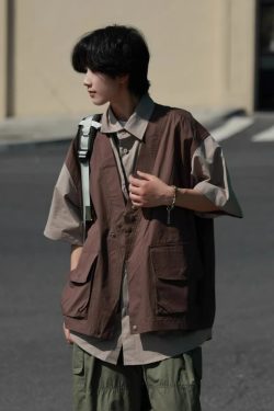 Japanese-Style Retro Patchwork Fake Two-Piece Color-Block Short Sleeve Shirt for Men and Women, Summer Casual Trend