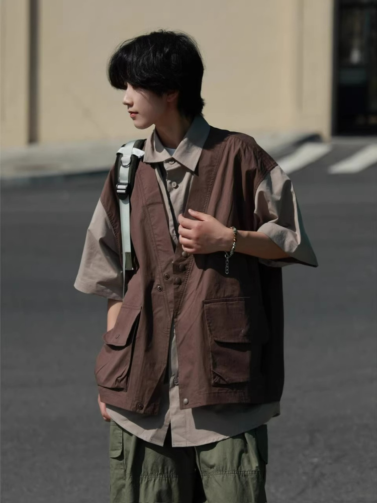 Japanese-Style Retro Patchwork Fake Two-Piece Color-Block Short Sleeve Shirt for Men and Women, Summer Casual Trend Japanese-Style Retro Patchwork Fake Two-Piece Color-Block Short Sleeve Shirt for Men and Women, Summer Casual Trend